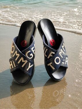 Tommy Hilfiger Navy Cross-Strap Logo Slide Sandals - Women's